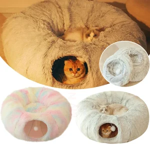 2 in 1 Round Long Plush Cat Bed Foldable Tunnel Toy Deep Sleep Nest for Pets